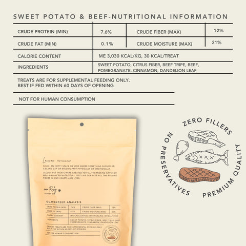sweet potato and beef nutritional information, ingredients: sweet potato, citrus fiber, beef tripe, beef, pomegranate, cinnamon, dandelion leaf 